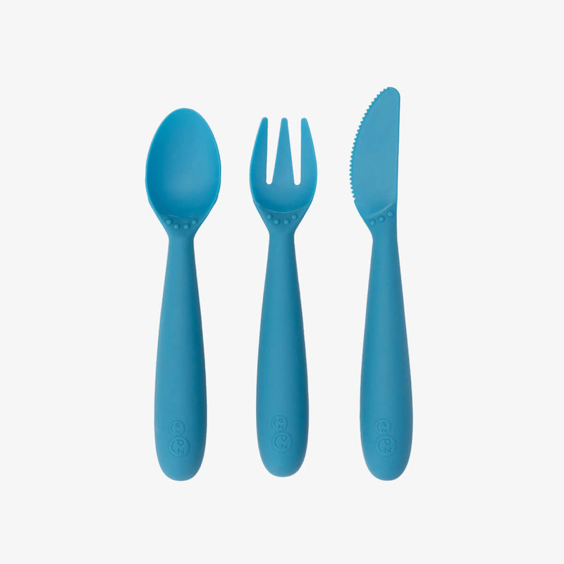 Happy Utensils in Blue by ezpz / Silicone Spoon, Fork and Knife Set for Kids #color_blue