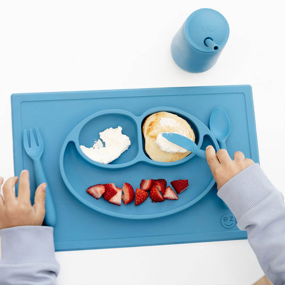 Happy Utensils in Blue by ezpz / Silicone Spoon, Fork and Knife Set for Kids #color_blue