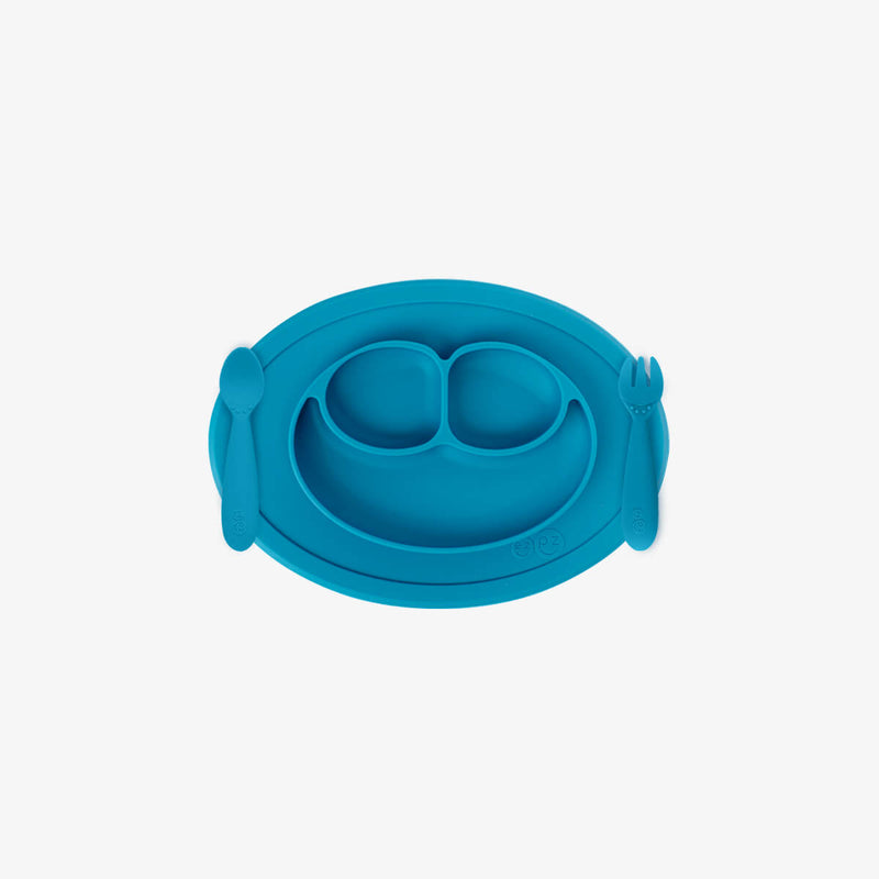 Mini Feeding Set in Blue by ezpz / Silicone Plate, Fork & Spoon for Toddlers #color_blue