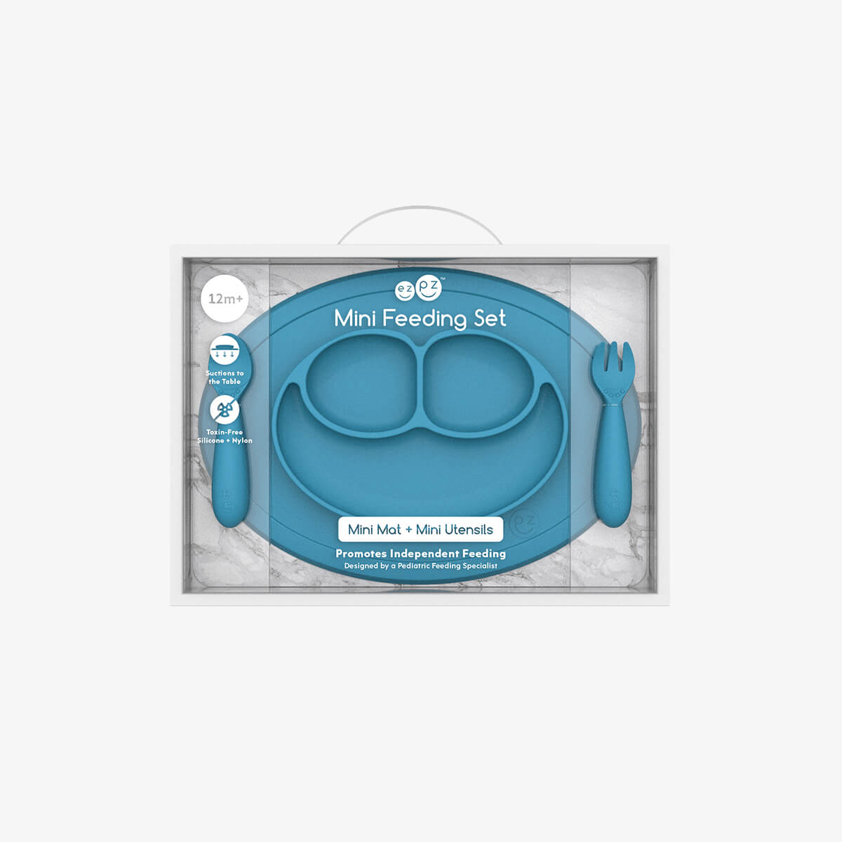 Mini Feeding Set in Blue by ezpz / Silicone Plate, Fork & Spoon for Toddlers #color_blue