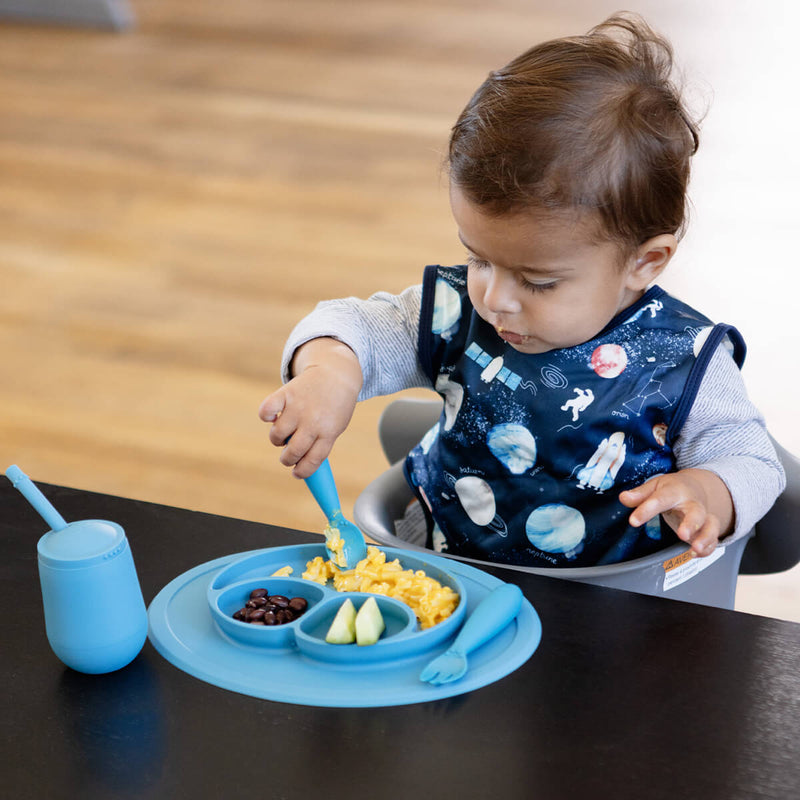 Mini Feeding Set in Blue by ezpz / Silicone Plate, Fork & Spoon for Toddlers #color_blue