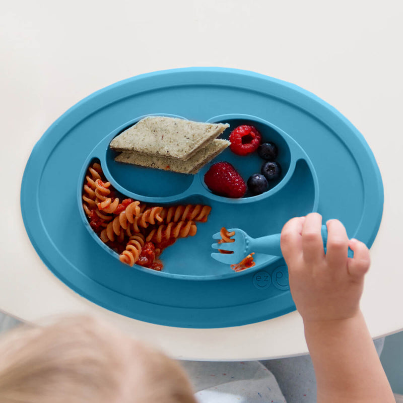 Mini Feeding Set in Blue by ezpz / Silicone Plate, Fork & Spoon for Toddlers #color_blue