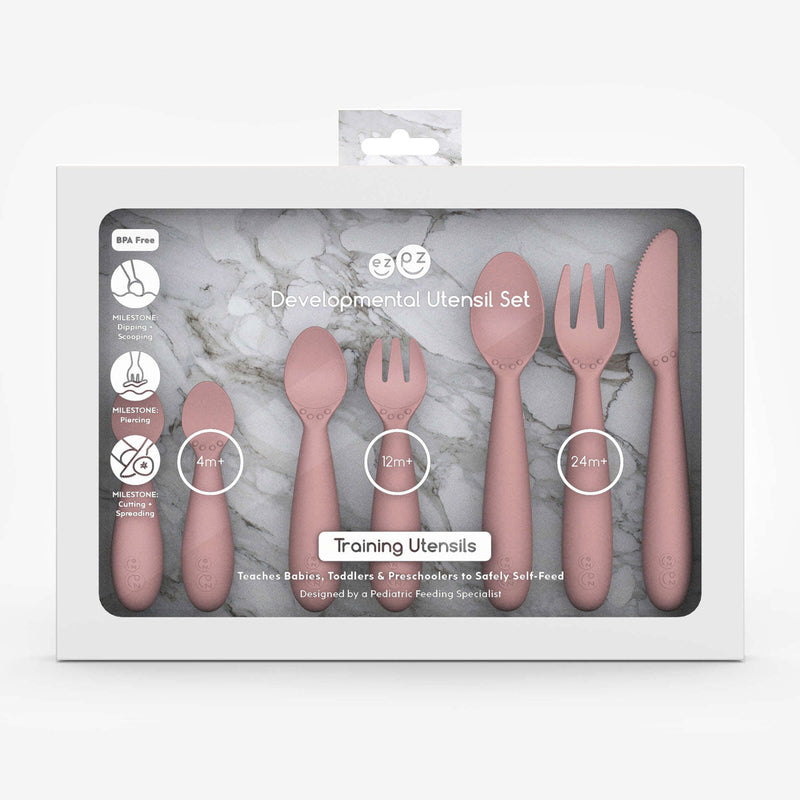 Blush Developmental Utensil Set – Smart Baby Self-Feeding Tools by ezpz 