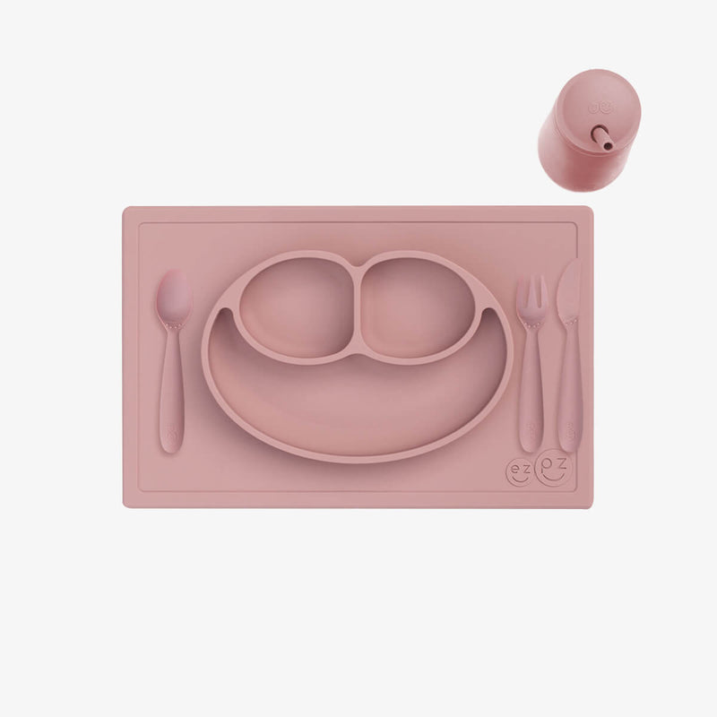 ezpz Happy Feeding Set in Blush / Silicone, Self-Suctioning Plate, Silicone Cup and Straw, Training Utensils for Toddlers #color_blush
