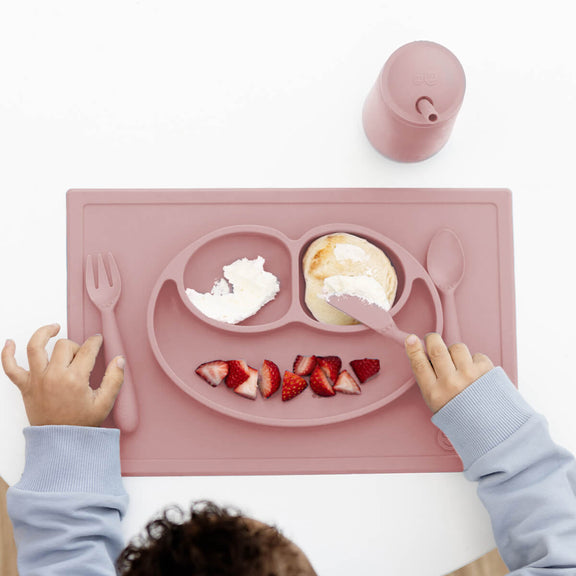 ezpz Happy Feeding Set in Blush / Silicone, Self-Suctioning Plate, Silicone Cup and Straw, Training Utensils for Toddlers #color_blush