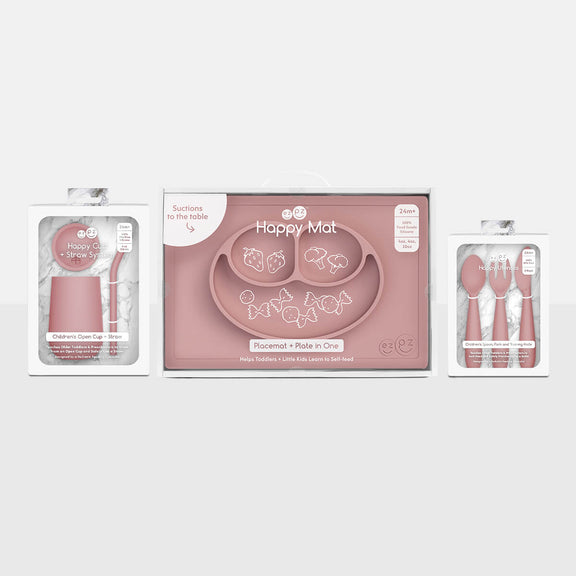 ezpz Happy Feeding Set in Blush / Silicone, Self-Suctioning Plate, Silicone Cup and Straw, Training Utensils for Toddlers #color_blush
