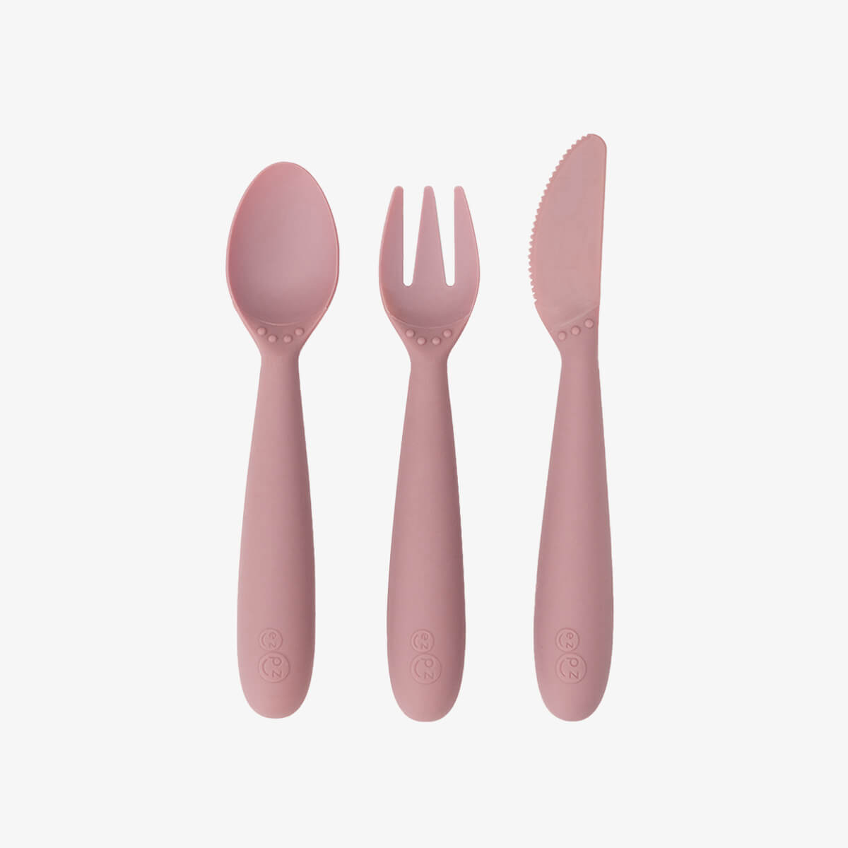 Happy Utensils in Blush by ezpz / Silicone Spoon, Fork and Knife Set for Kids #color_blush