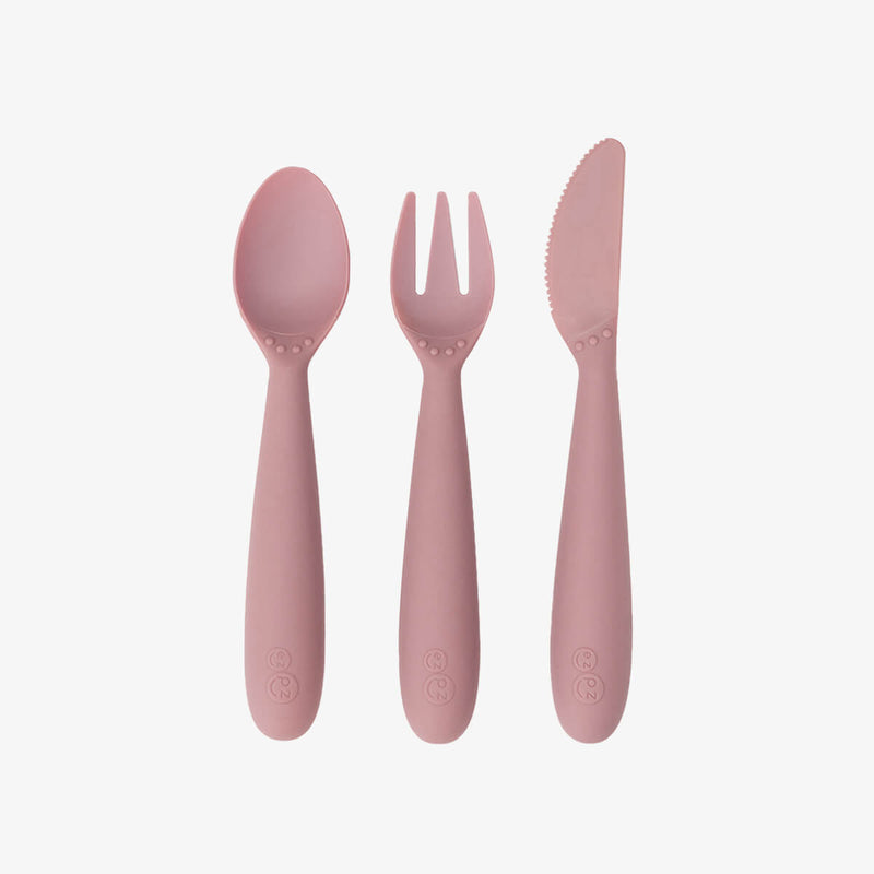 Happy Utensils in Blush by ezpz / Silicone Spoon, Fork and Knife Set for Kids #color_blush