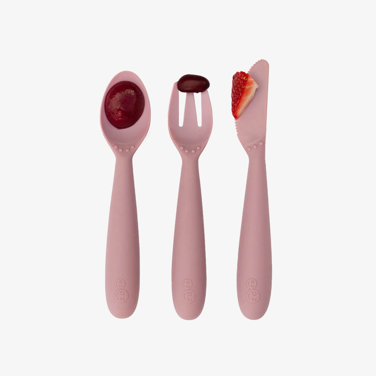 Happy Utensils in Blush by ezpz / Silicone Spoon, Fork and Knife Set for Kids #color_blush