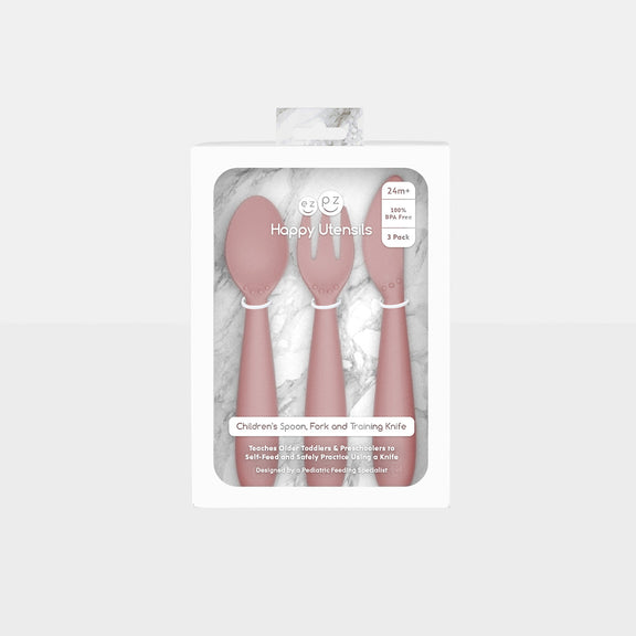 Happy Utensils in Blush by ezpz / Silicone Spoon, Fork and Knife Set for Kids #color_blush