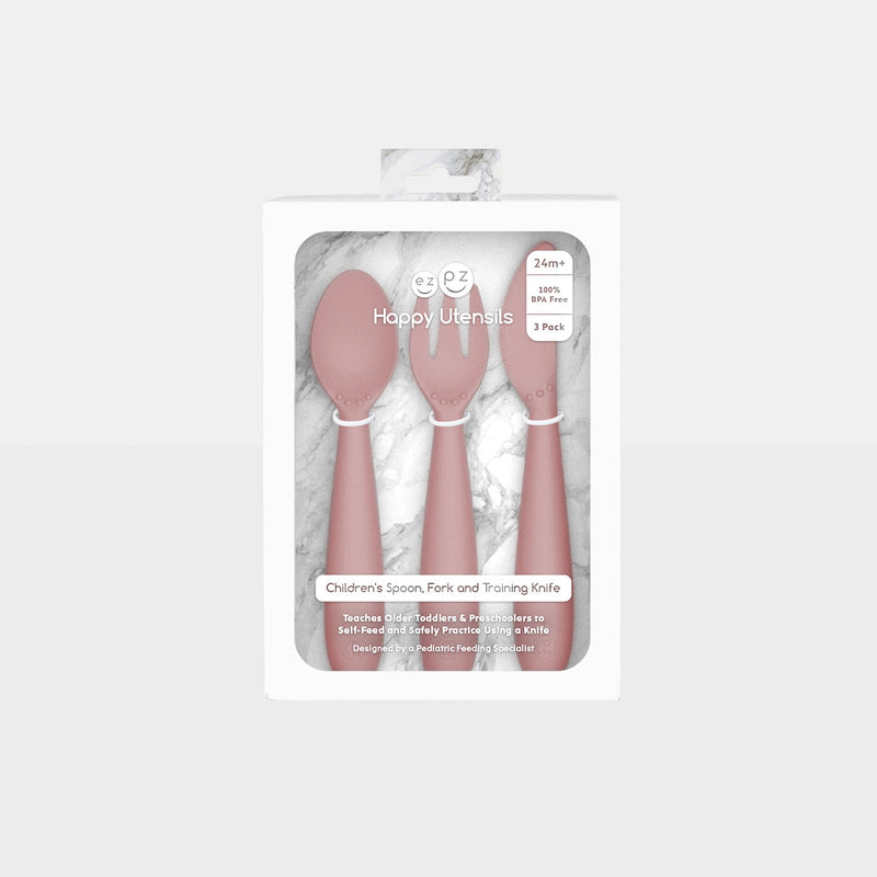 Happy Utensils in Blush by ezpz / Silicone Spoon, Fork and Knife Set for Kids #color_blush