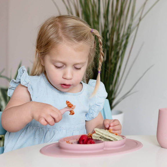 Mini Feeding Set in Blush by ezpz / Silicone Plate, Fork & Spoon for Toddlers #color_blush