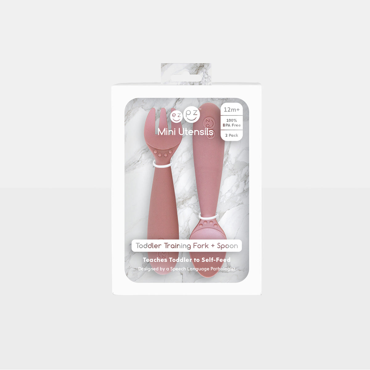 Mini Utensils in Blush by ezpz / Sensory Silicone Fork & Spoon for Toddlers #color_blush