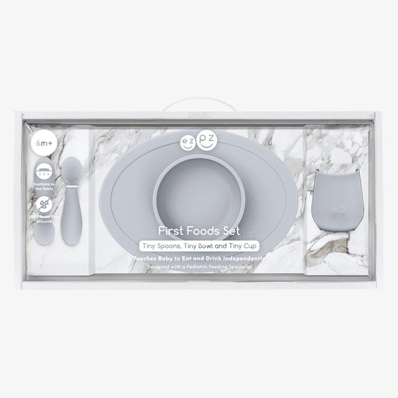 First Foods Set in Pewter by ezpz / The Original All-In-One Silicone Plates & Placemats that Stick to the Table#color_pewter