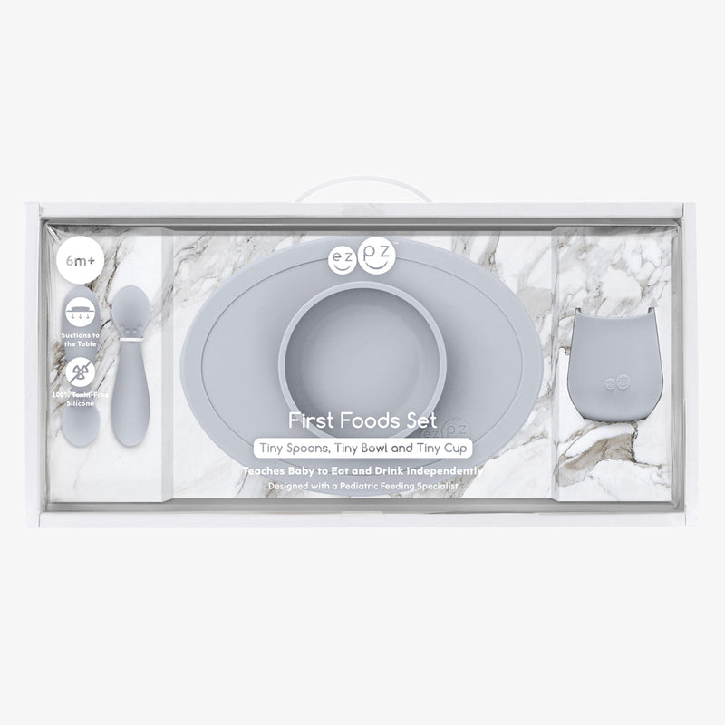 First Foods Set in Pewter by ezpz / The Original All-In-One Silicone Plates & Placemats that Stick to the Table#color_pewter
