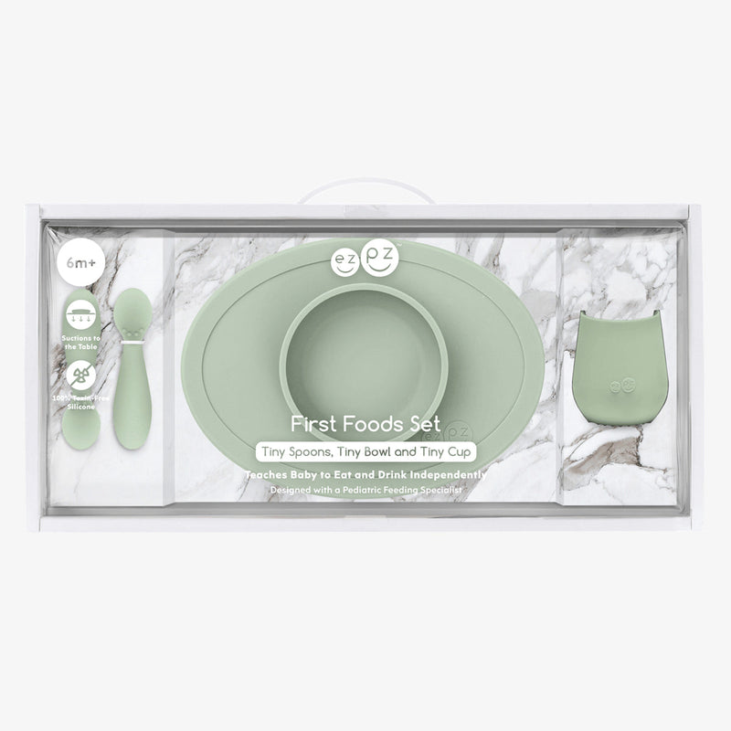 First Foods Set in Sage by ezpz / The Original All-In-One Silicone Plates & Placemats that Stick to the Table#color_sage