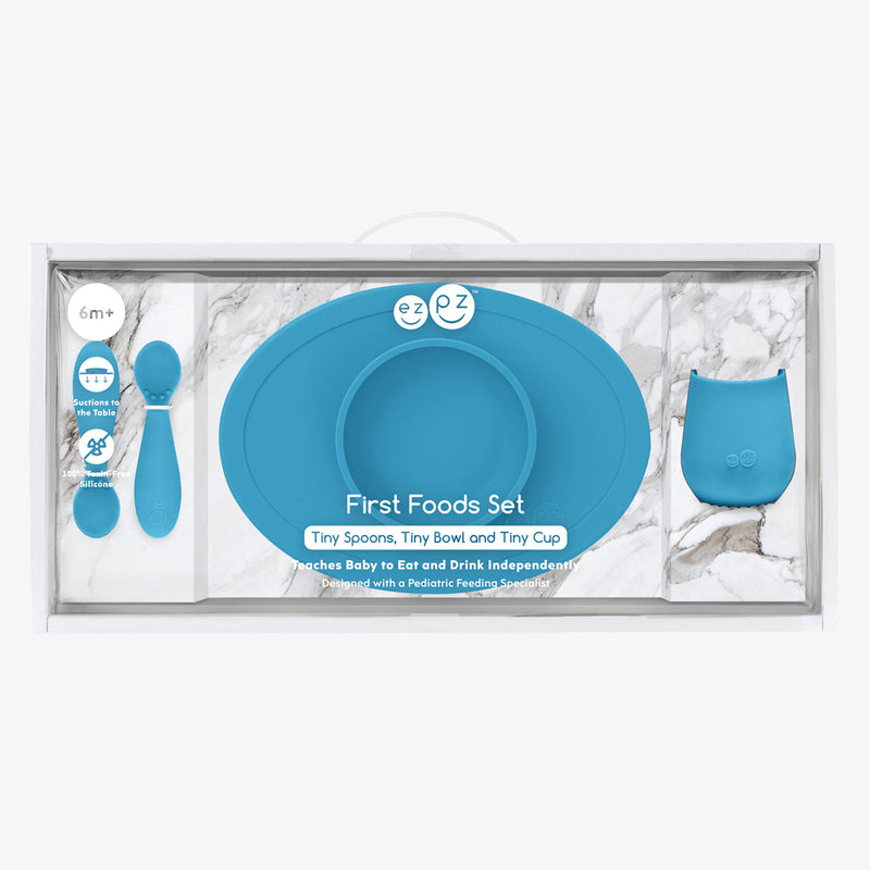 First Foods Set in Blue by ezpz / The Original All-In-One Silicone Plates & Placemats that Stick to the Table#color_blue
