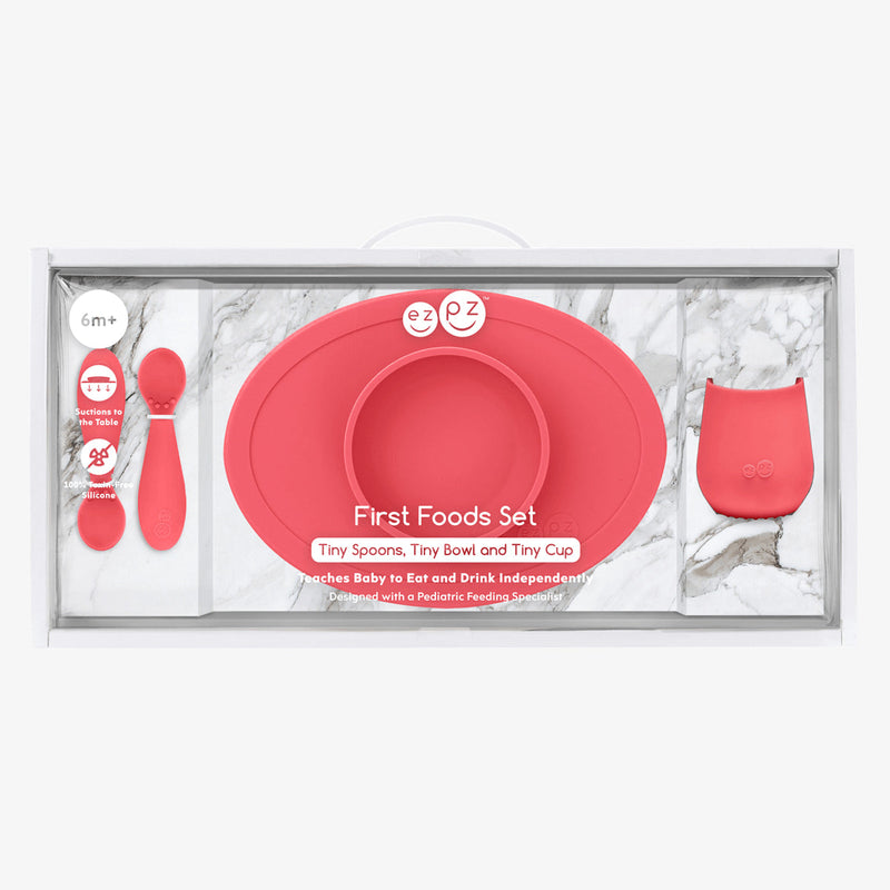 First Foods Set in Coral by ezpz / The Original All-In-One Silicone Plates & Placemats that Stick to the Table#color_coral