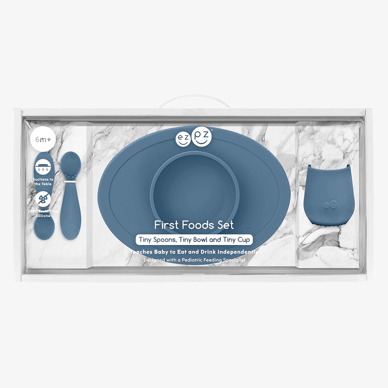 First Foods Set in Indigo by ezpz / The Original All-In-One Silicone Plates & Placemats that Stick to the Table#color_indigo