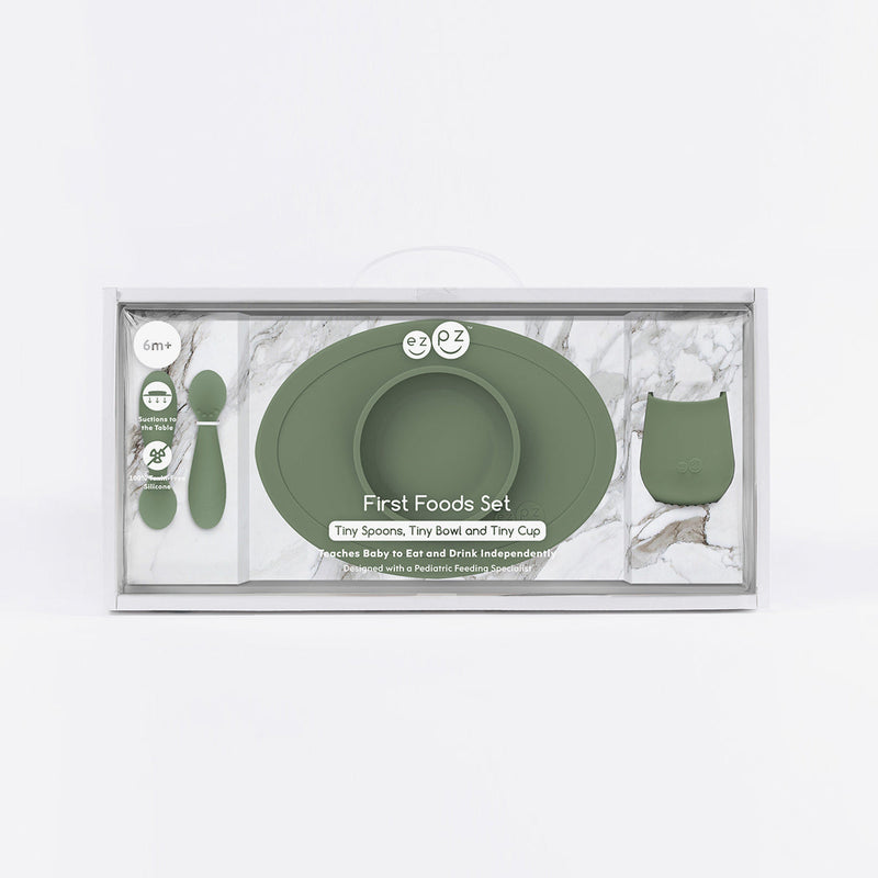 First Foods Set in Olive by ezpz / The Original All-In-One Silicone Plates & Placemats that Stick to the Table#color_olive