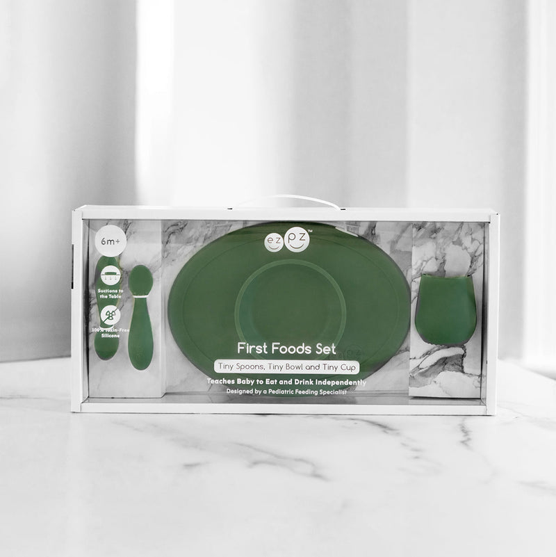 First Foods Set in Olive by ezpz / The Original All-In-One Silicone Plates & Placemats that Stick to the Table#color_olive