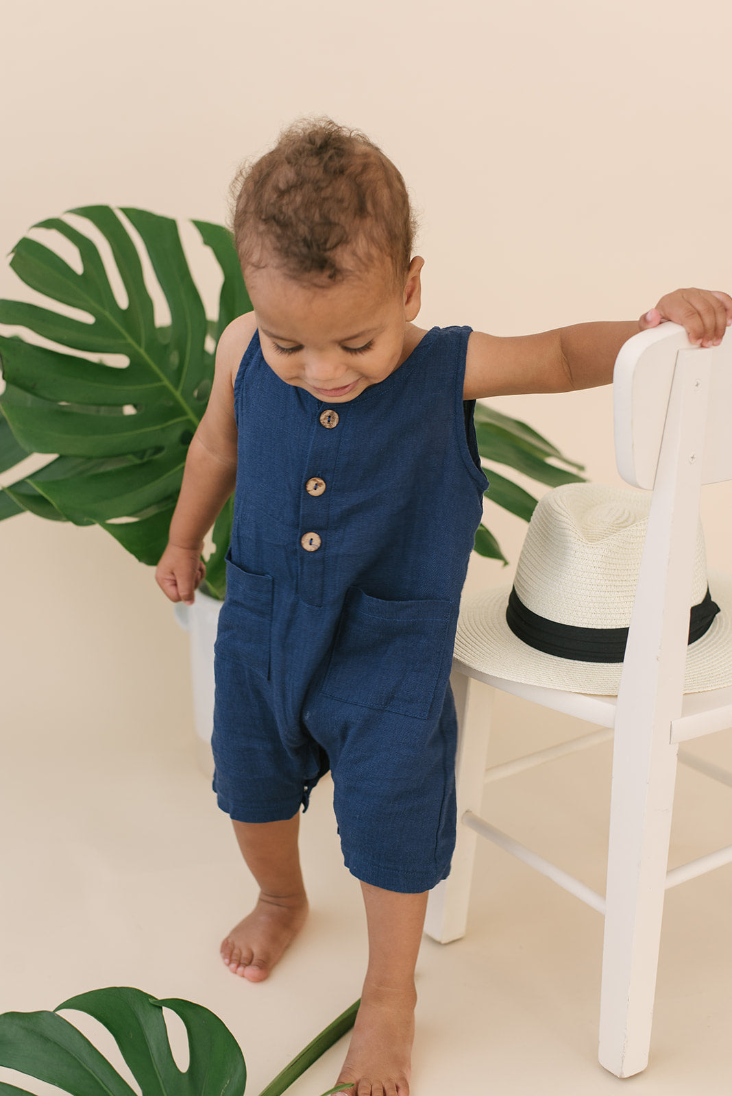 Navy Crop Linen Romper - Babe Basics