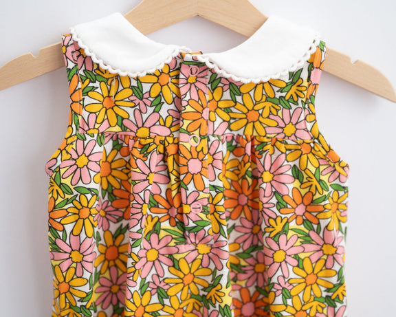 summer pink and yellow daisy baby girl romper