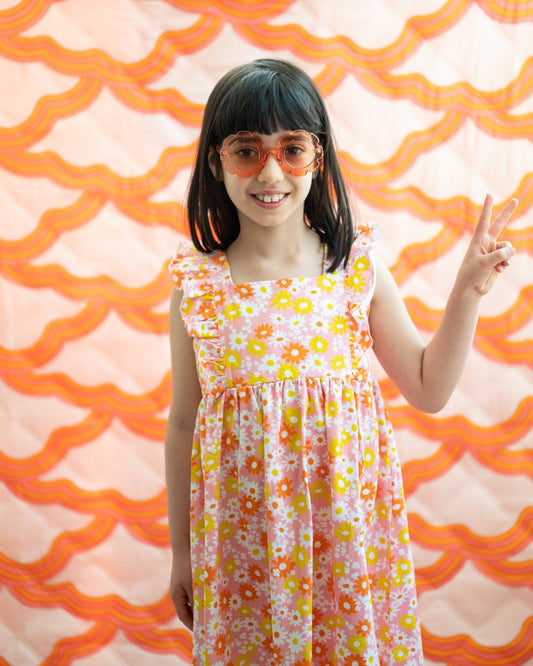 pink vintage floral flutter sleeve girls summer dress