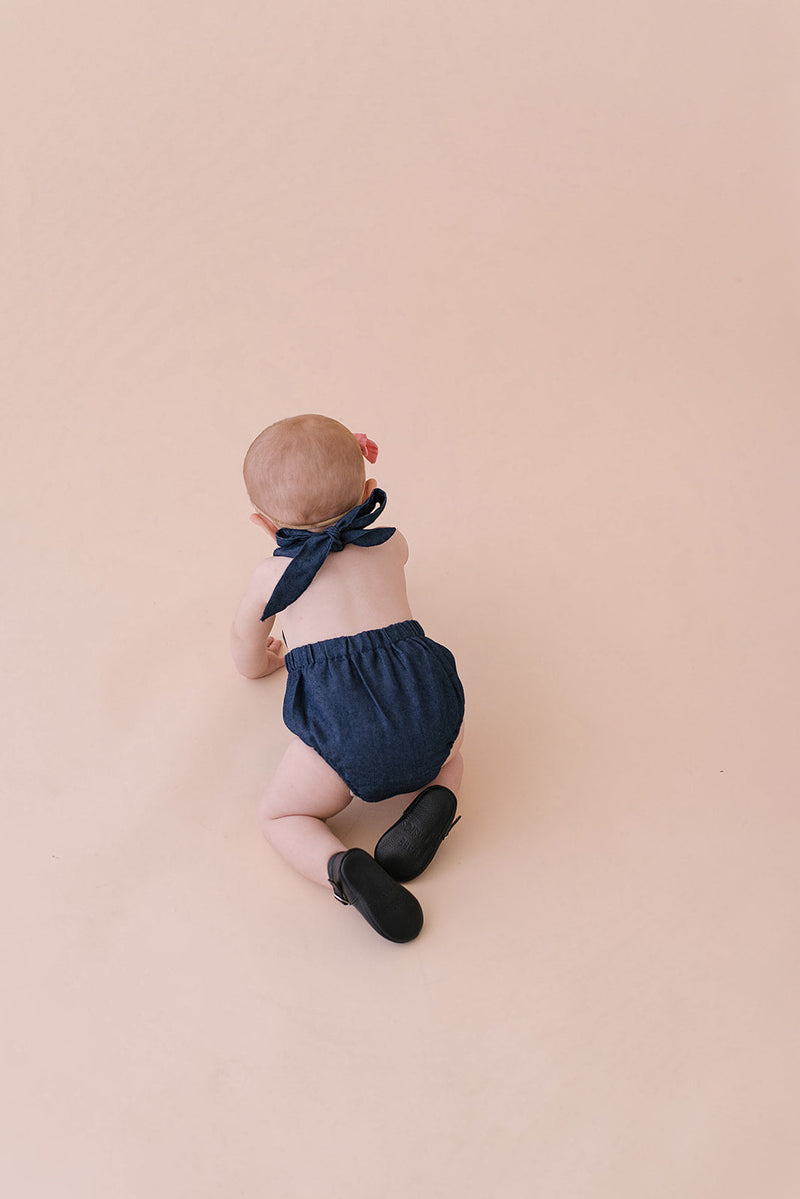 Cobalt Halter Baby Romper – Non-Toxic Linen Style for Little Movers by Babe Basics (6–24M)