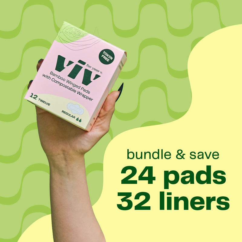 A hand holding a box of bamboo winged pads with compostable wrapper. This is a illustration of the bundle and the text says that with this bundle you can save on 24 pads and 32 liners.