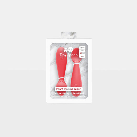 The Tiny Spoon in Coral by ezpz / Small, Sensory Silicone Spoon for Babies #color_coral / Coral Baby-Led™ Tiny Spoons – First Feeding Spoons for Independent Littles 