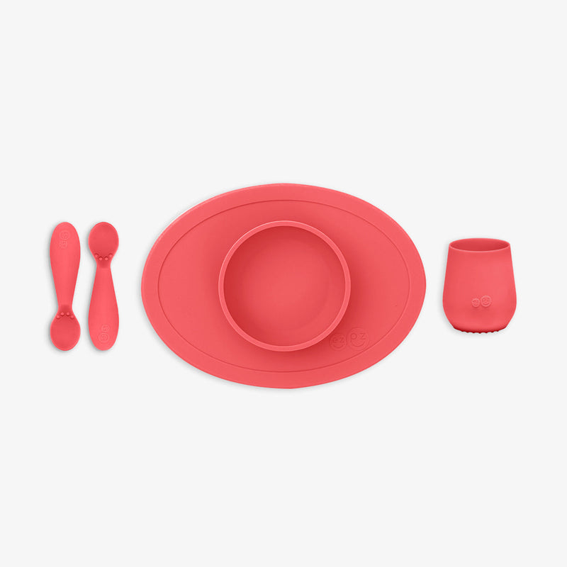 First Foods Set in Coral by ezpz / The Original All-In-One Silicone Plates & Placemats that Stick to the Table#color_coral