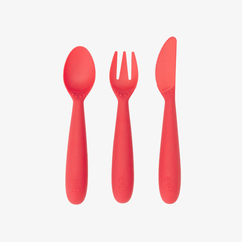 Happy Utensils in Coral by ezpz / Silicone Spoon, Fork and Knife Set for Kids #color_coral
