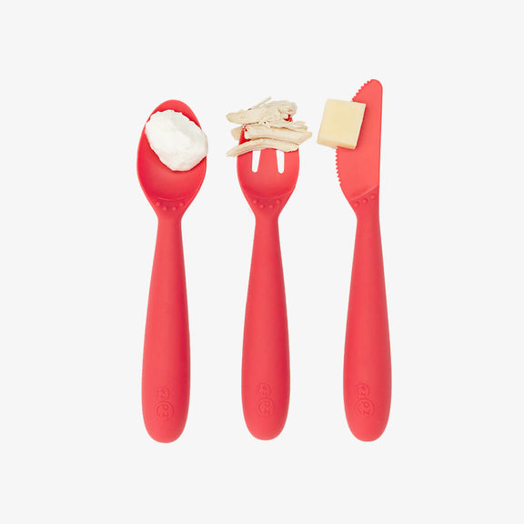 Happy Utensils in Coral by ezpz / Silicone Spoon, Fork and Knife Set for Kids #color_coral