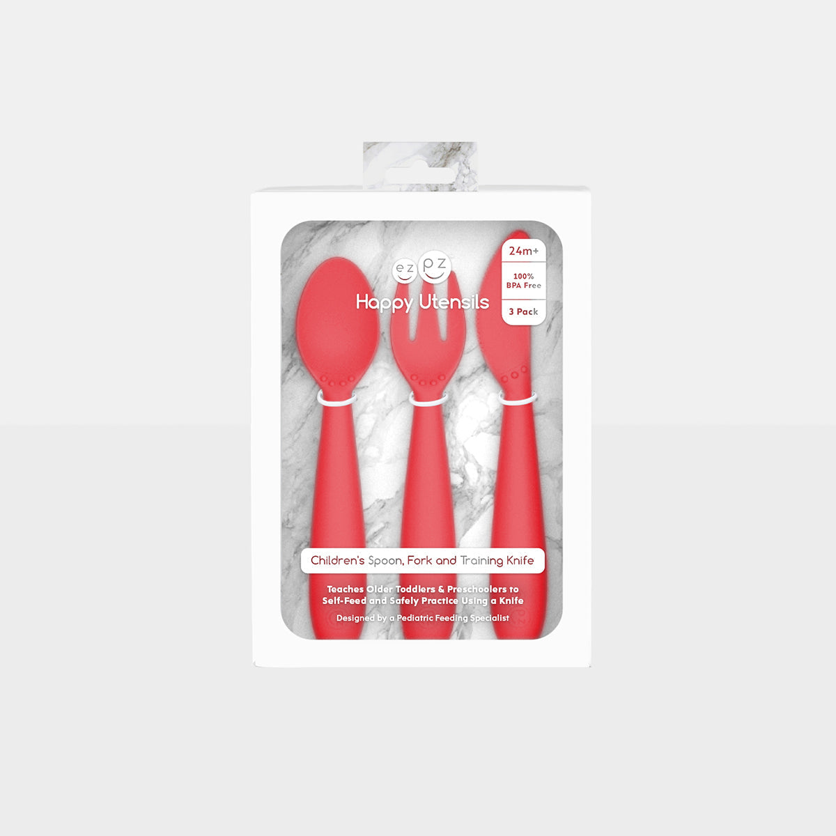 Happy Utensils in Coral by ezpz / Silicone Spoon, Fork and Knife Set for Kids #color_coral