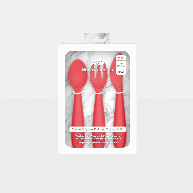 Happy Utensils in Coral by ezpz / Silicone Spoon, Fork and Knife Set for Kids #color_coral