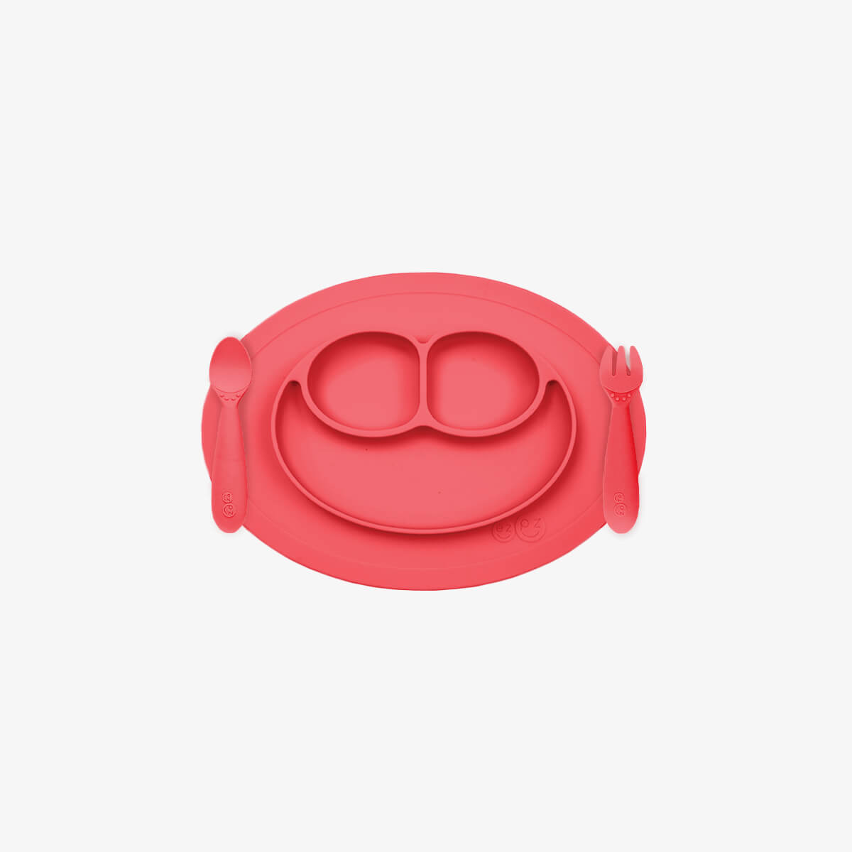 Mini Feeding Set in Coral by ezpz / Silicone Plate, Fork & Spoon for Toddlers #color_coral