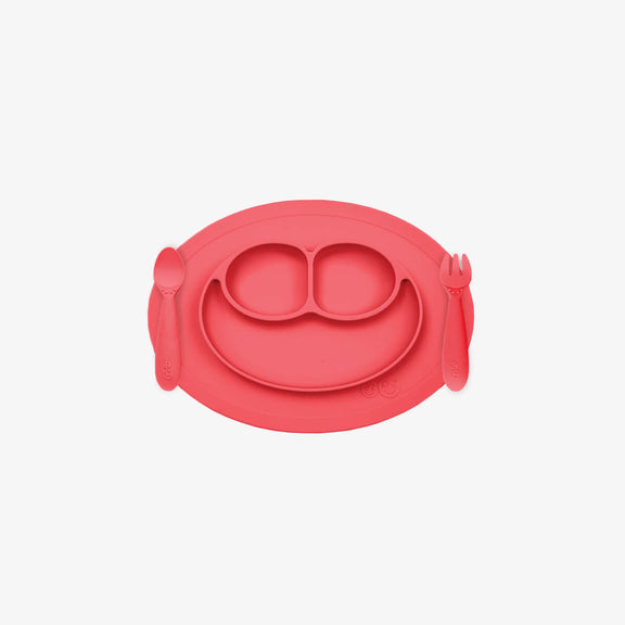 Mini Feeding Set in Coral by ezpz / Silicone Plate, Fork & Spoon for Toddlers #color_coral