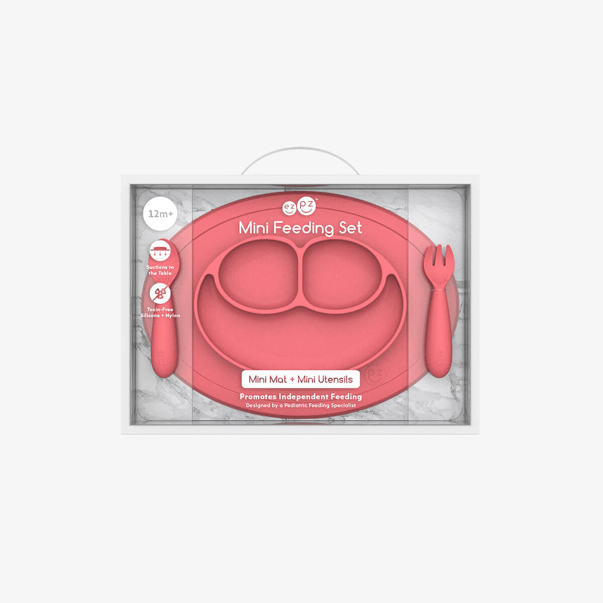 Mini Feeding Set in Coral by ezpz / Silicone Plate, Fork & Spoon for Toddlers #color_coral