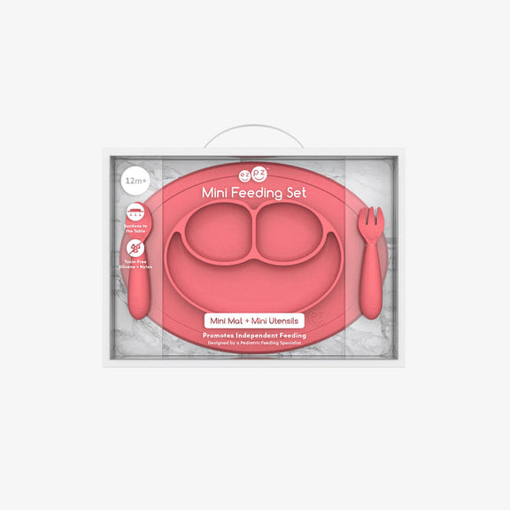 Mini Feeding Set in Coral by ezpz / Silicone Plate, Fork & Spoon for Toddlers #color_coral