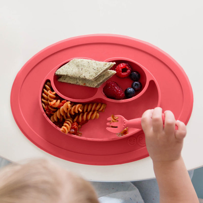 Mini Feeding Set in Coral by ezpz / Silicone Plate, Fork & Spoon for Toddlers #color_coral