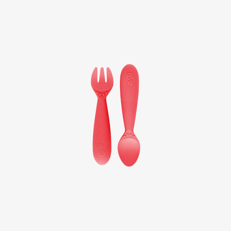 Mini Utensils in Coral by ezpz / Sensory Silicone Fork & Spoon for Toddlers #color_coral