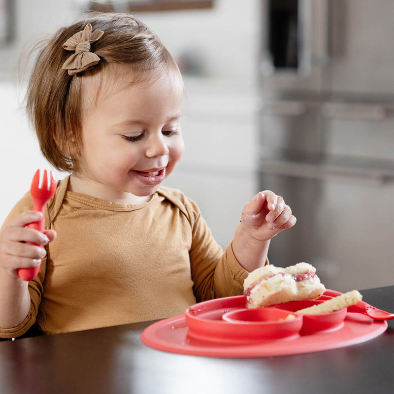 Mini Utensils in Coral by ezpz / Sensory Silicone Fork & Spoon for Toddlers #color_coral