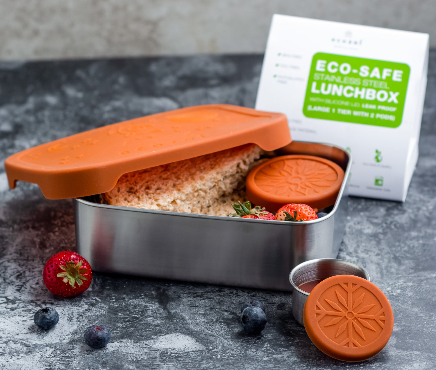 Stainless Steel Eco Lunch Box, 1 Tier with 2 Mini Sauce Containers, 40 Oz or 1200 ml freeshipping - ecozoi