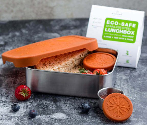 Stainless Steel Eco Lunch Box, 1 Tier with 2 Mini Sauce Containers, 40 Oz or 1200 ml freeshipping - ecozoi