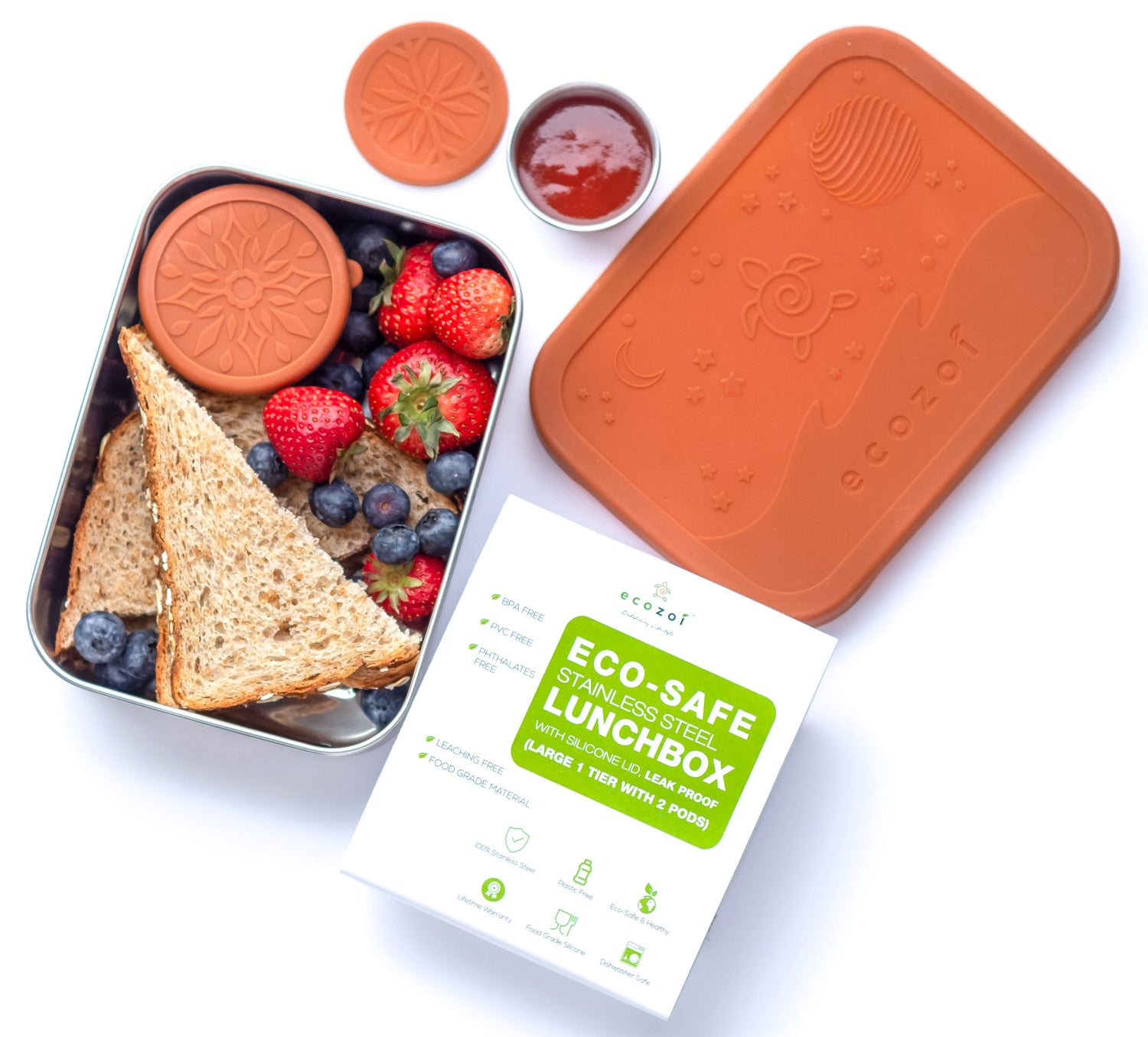 Stainless Steel Eco Lunch Box, 1 Tier with 2 Mini Sauce Containers, 40 Oz or 1200 ml freeshipping - ecozoi