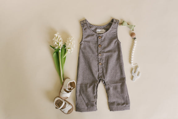 Dark Grey Striped Baby Romper – Soft Linen by Babe Basics