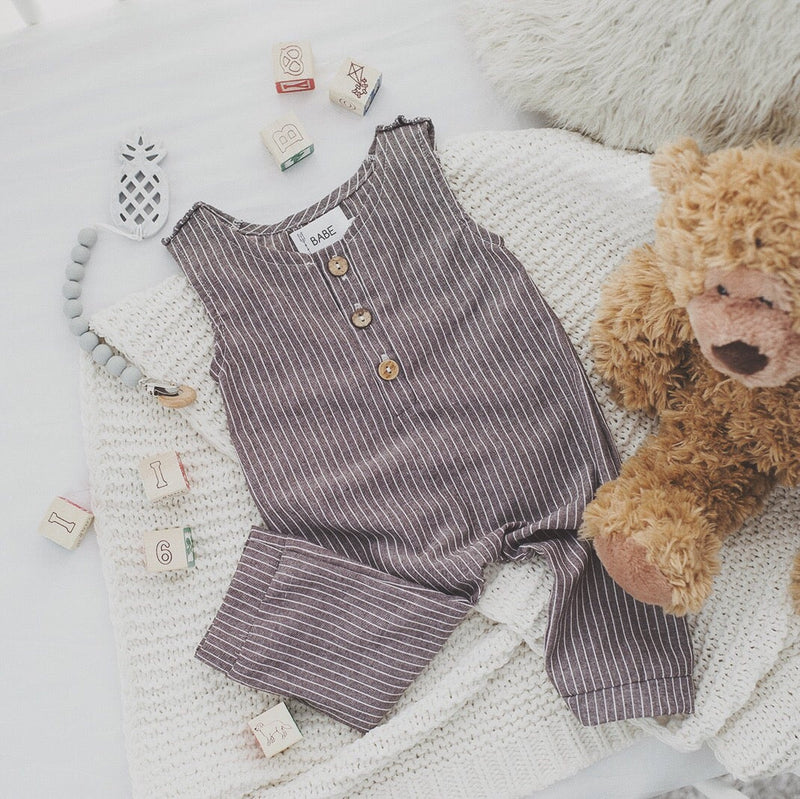 Dark Grey Striped Baby Romper – Soft Linen by Babe Basics