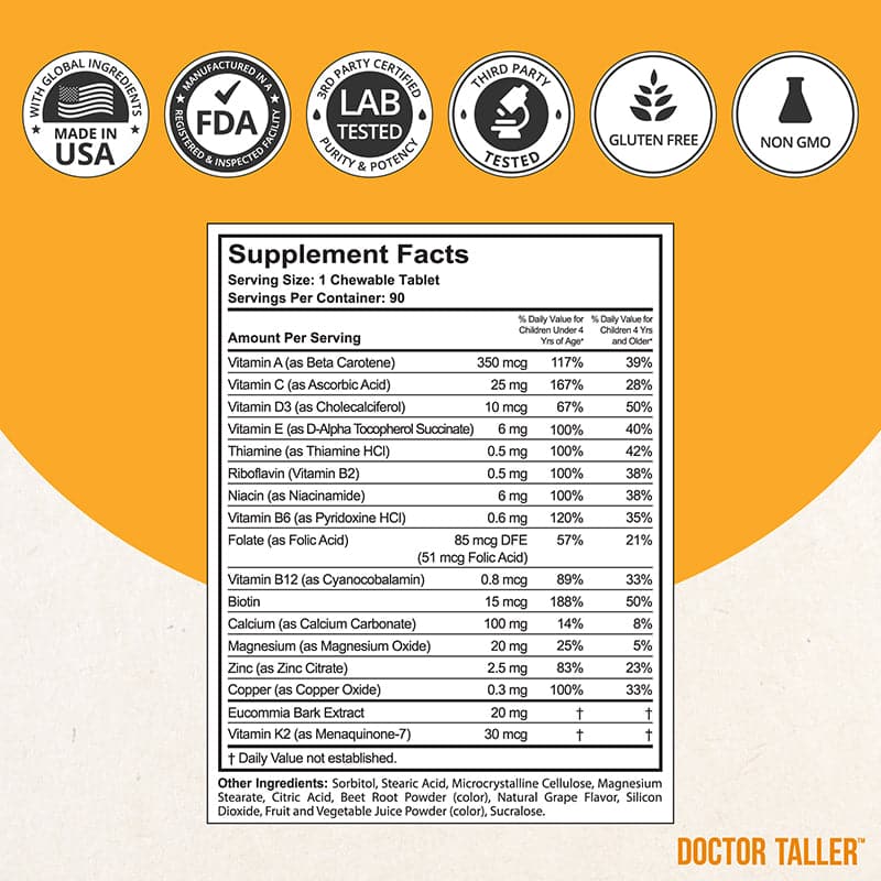 Doctor Taller Kids Grape Multivitamins (Ages 2–9) – Daily Immune & Growth Support | 90 Vegan Chewables by NuBest Nutrition