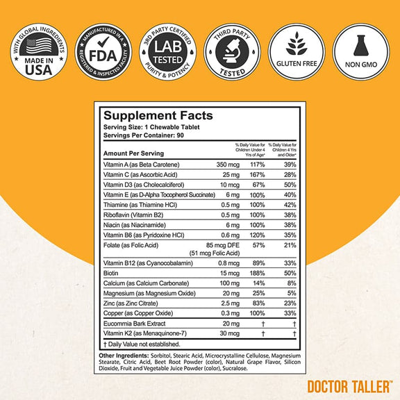 Doctor Taller Kids Grape Multivitamins (Ages 2–9) – Daily Immune & Growth Support | 90 Vegan Chewables by NuBest Nutrition